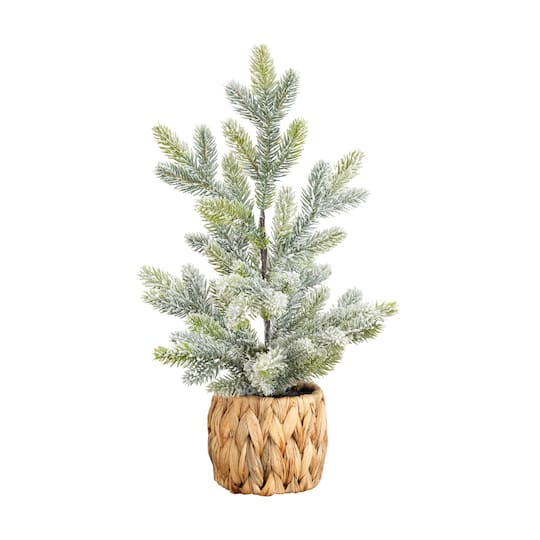 Nearly Natural 18" Unlit Artificial Flocked Fir Christmas Tree in Woven Basket in Green | Michaels®